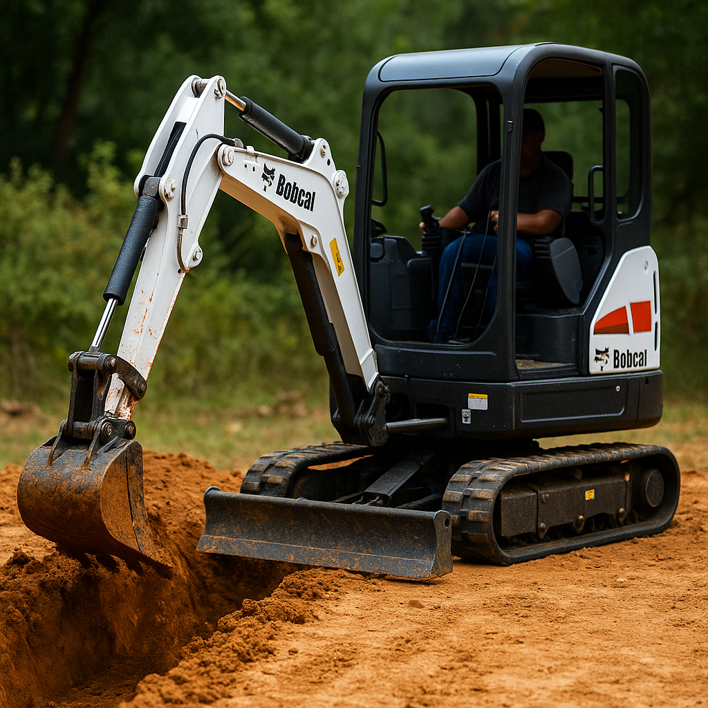 Bobcat mini excavator digging trench for water or sewer line